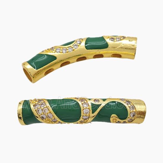 Copper Tube Beads Pave Zirconia Green Enamel Large Hole Curving Gold Plated