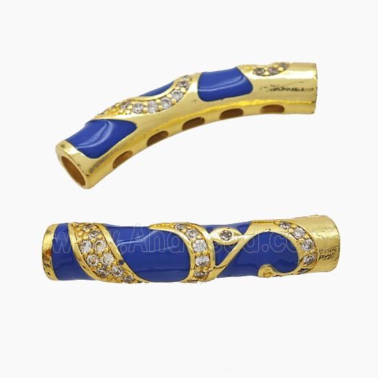 Copper Tube Beads Pave Zirconia Blue Enamel Large Hole Curving Gold Plated
