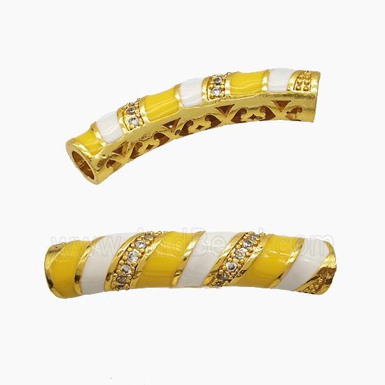 Copper Tube Beads Pave Zirconia White Yellow Enamel Large Hole Curving Gold Plated