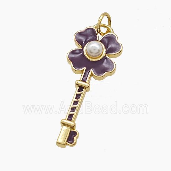 Copper Key Pendant Pave Resin Purple Enamel Clover Gold Plated