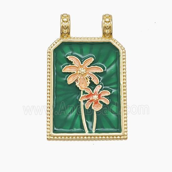 Copper Flower Pendant Green Painted Rectangle 2loops Gold Plated