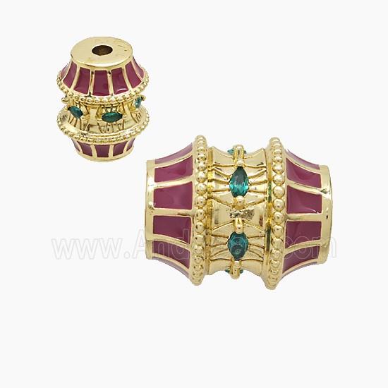 Copper Barrel Beads Pave Zirconia Red Enamel Gold Plated