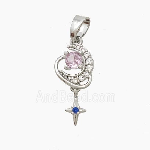 Copper Moon Pendant Pave Zirconia Crystal Glass Star Platinum Plated