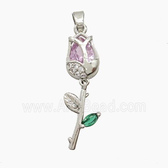 Copper Tulip Pendant Pave Crystal Glass Flower Platinum Plated