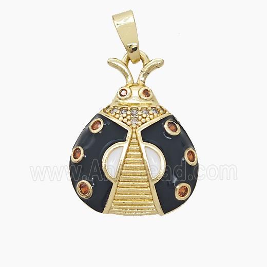 Copper Ladybug Pendant Pave Zirconia Black Enamel Gold Plated