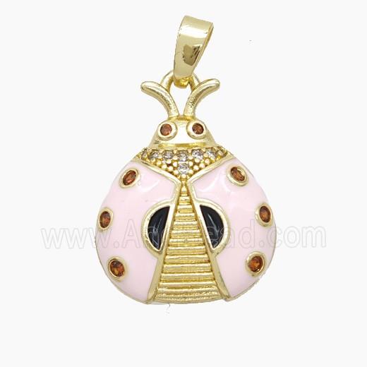 Copper Ladybug Pendant Pave Zirconia Lt.pink Enamel Gold Plated
