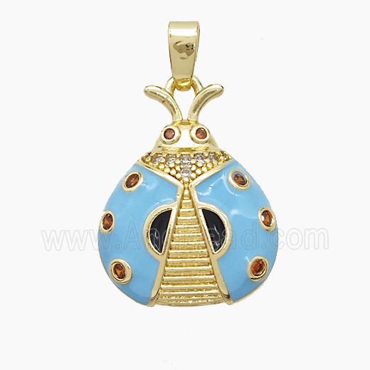 Copper Ladybug Pendant Pave Zirconia Blue Enamel Gold Plated