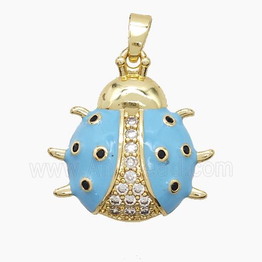 Copper Ladybug Pendant Pave Zirconia Blue Enamel Gold Plated