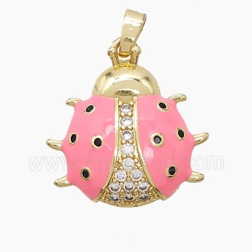 Copper Ladybug Pendant Pave Zirconia Pink Enamel Gold Plated