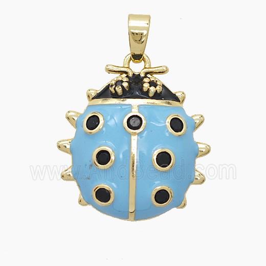 Copper Ladybug Pendant Pave Zirconia Blue Enamel Gold Plated