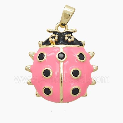 Copper Ladybug Pendant Pave Zirconia Pink Enamel Gold Plated