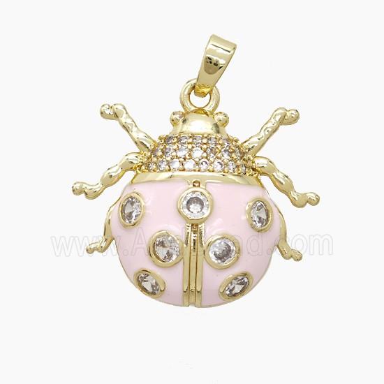 Copper Ladybug Pendant Pave Zirconia Lt.pink Enamel Gold Plated