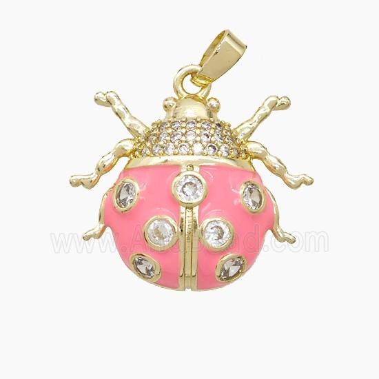 Copper Ladybug Pendant Pave Zirconia Pink Enamel Gold Plated