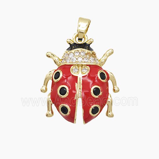 Copper Ladybug Pendant Pave Zirconia Red Enamel Gold Plated