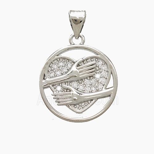 Copper Heart Pendant Pave Zirconia Love Embrace Platinum Plated