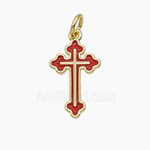 Copper Cross Pendant Red Enamel Gold Plated