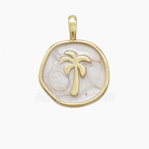 Copper Coconut Tree Pendant Palm White Enamel Circle Gold Plated