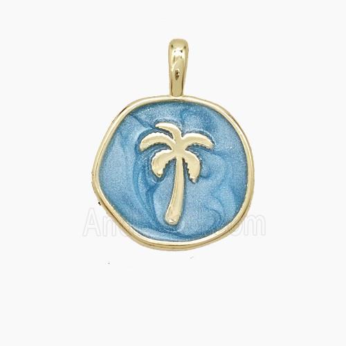 Copper Coconut Tree Pendant Palm Blue Enamel Circle Gold Plated