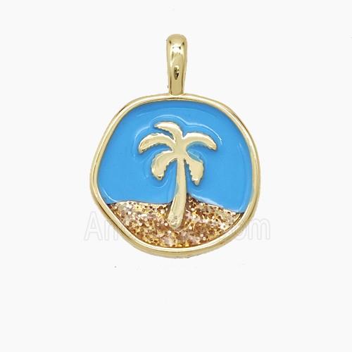 Copper Coconut Tree Pendant Palm Blue Enamel Circle Gold Plated
