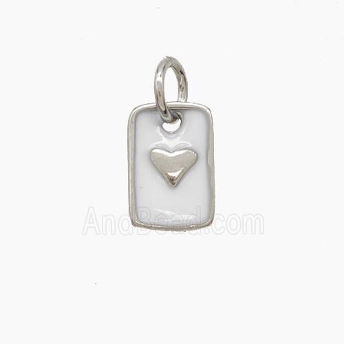 Copper Rectangle Heart Pendant White Enamel Platinum Plated