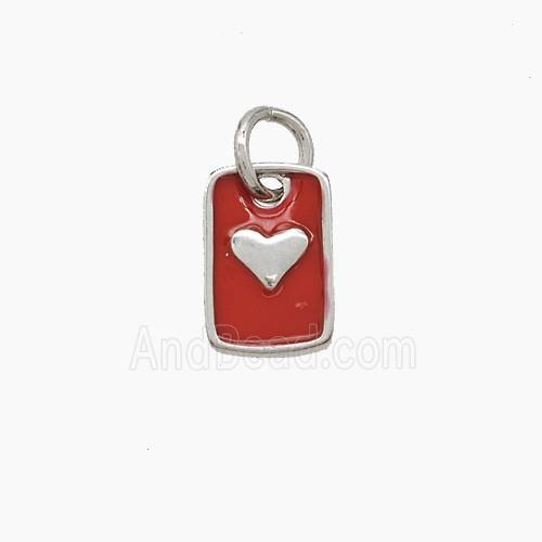 Copper Rectangle Heart Pendant Red Enamel Platinum Plated
