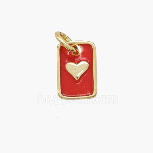 Copper Rectangle Heart Pendant Red Enamel Gold Plated