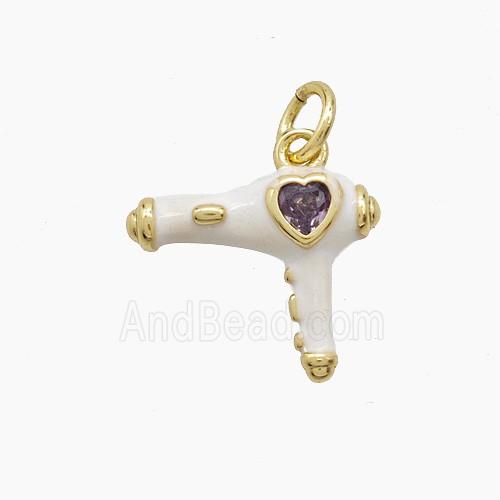 Copper Hairdriver Pendant Pave Zirconia White Enamel Gold Plated