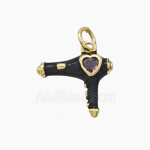 Copper Hairdriver Pendant Pave Zirconia Black Enamel Gold Plated