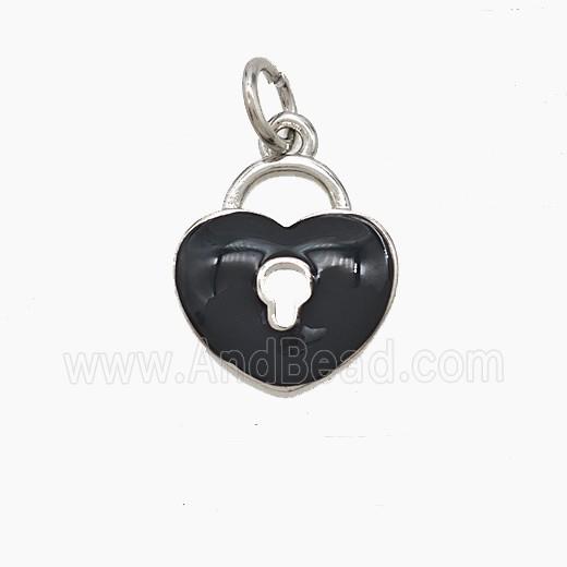 Copper Heart Lock Pendant Black Enamel Platinum Plated