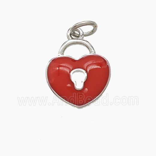 Copper Heart Lock Pendant Red Enamel Platinum Plated