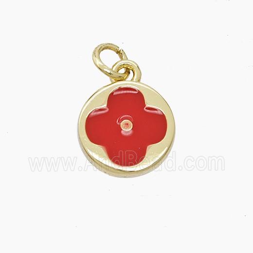 Copper Clover Pendant Red Enamel Gold Plated