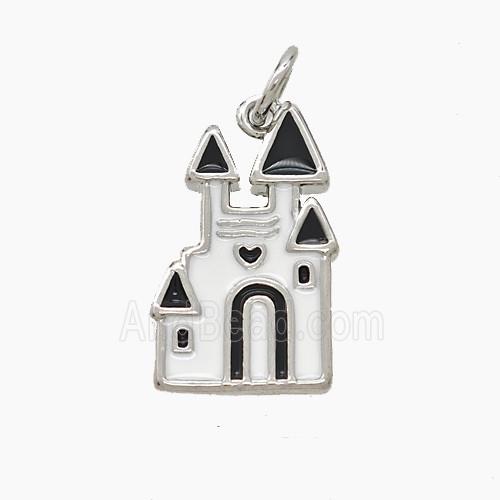 Halloween Castle Charms Copper Pendant White Black Enamel Platinum Plated