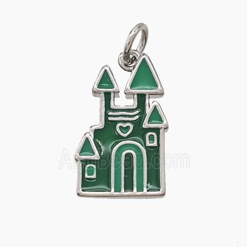 Halloween Castle Charms Copper Pendant Green Enamel Platinum Plated