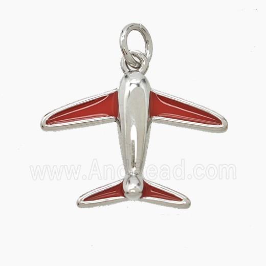 Copper Airplane Pendant Red Enamel Platinum Plated