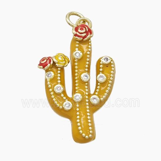 Copper Cactus Pendant Pave Zirconia Yellow Enamel Gold Plated
