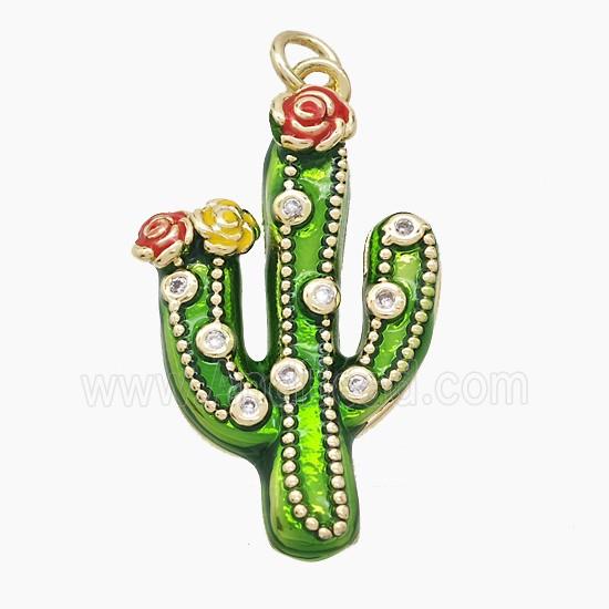Copper Cactus Pendant Pave Zirconia Green Painted Gold Plated