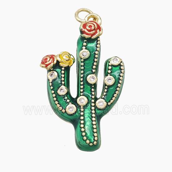 Copper Cactus Pendant Pave Zirconia Green Painted Gold Plated
