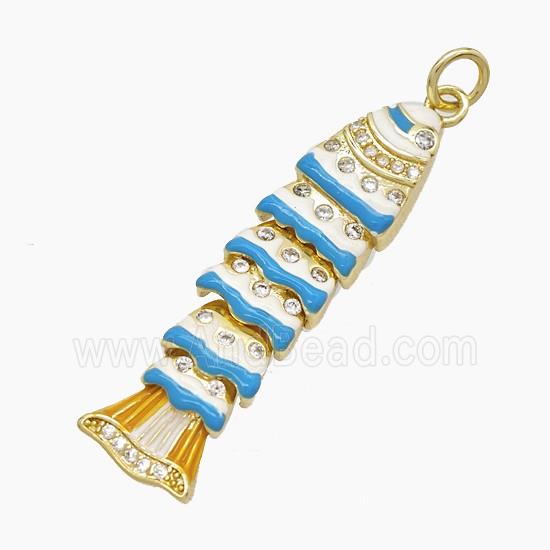 Copper Fish Pendant Pave Zirconia White Blue Enamel Gold Plated