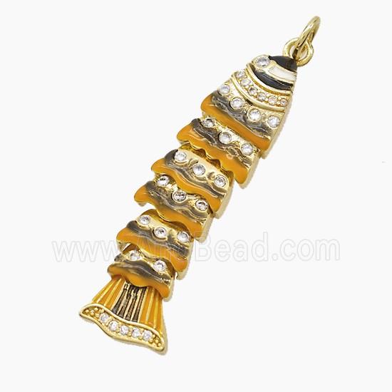 Copper Fish Pendant Pave Zirconia Brown Enamel Gold Plated