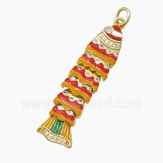 Copper Fish Pendant Pave Zirconia Brown Red Enamel Gold Plated
