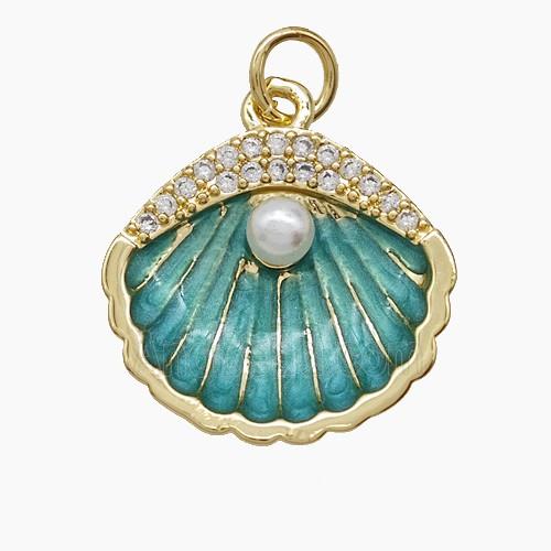 Copper Scallop Shell Pendant Pave Zirconia Resin Green Enamel 18K Gold Plated