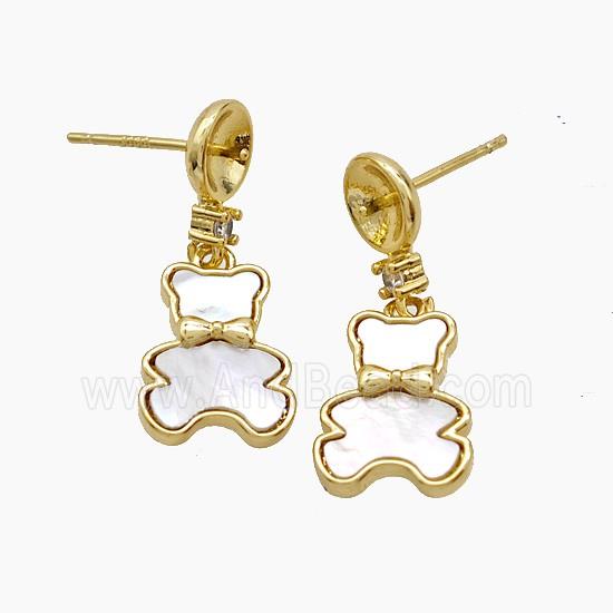 Copper Bear Stud Earrings Pave Shell 18K Gold Plated