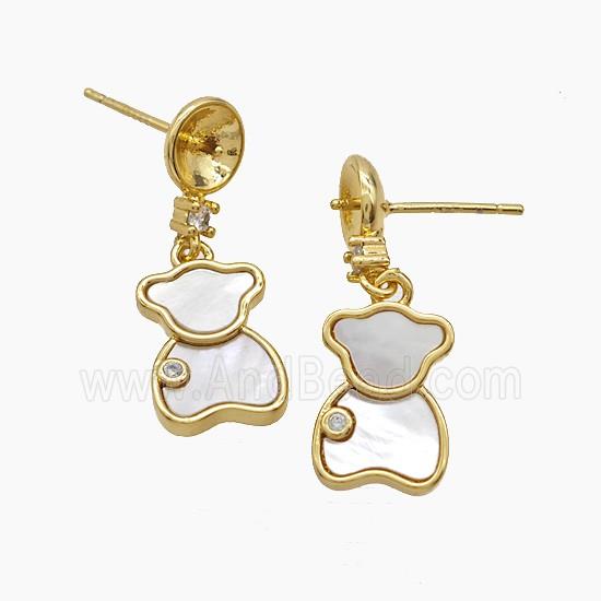 Copper Bear Stud Earrings Pave Shell 18K Gold Plated