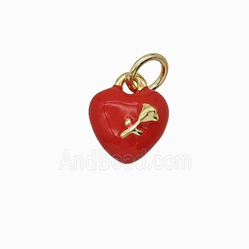 Copper Heart Pendant With Rose Flower Red Enamel Gold Plated