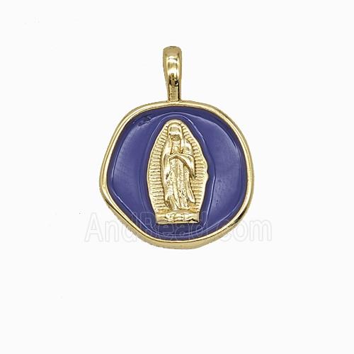 Copper Virgin Mary Pendant Purple Enamel Gold Plated