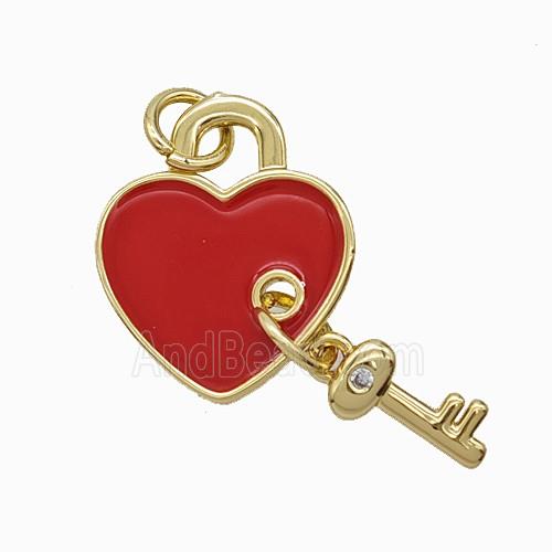 Copper Heart Lock Key Pendant Red Enamel Gold Plated