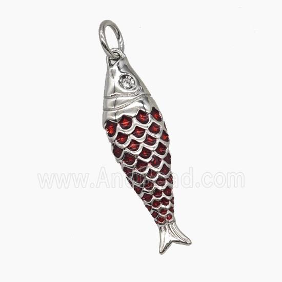 Copper Fish Pendant DarkRed Enamel Platinum Plated
