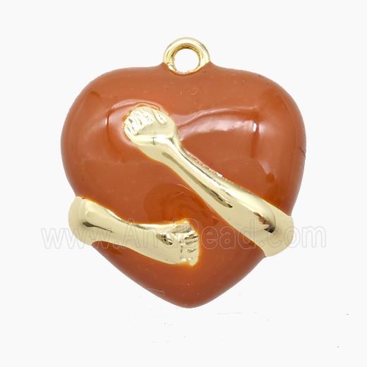 Copper Heart Pendant Orange Enamel Hug Hands Gold Plated