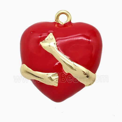 Copper Heart Pendant Red Enamel Hug Hands Gold Plated
