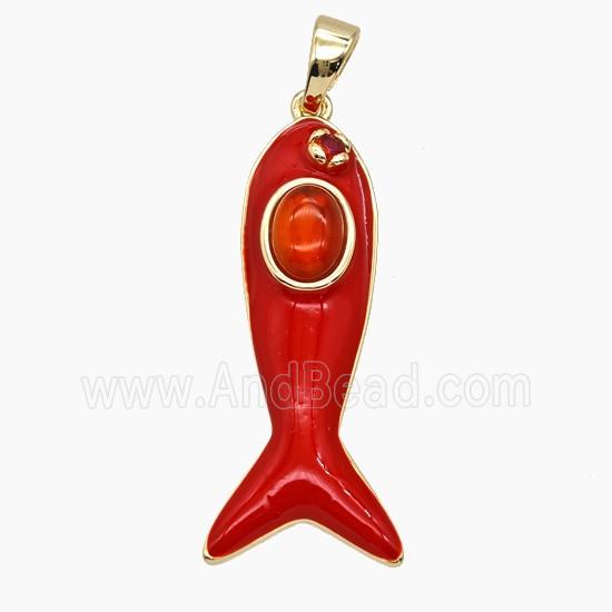 Copper Fish Pendant Pave Jade Red Enamel Gold Plated